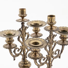 Pair of Bronze and Brass Three-Light Candelabra with Fleur-De-Lis Bases