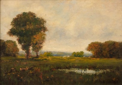 George Inness Signed Tonalist Landscape Oil on Panel, Circa 1880