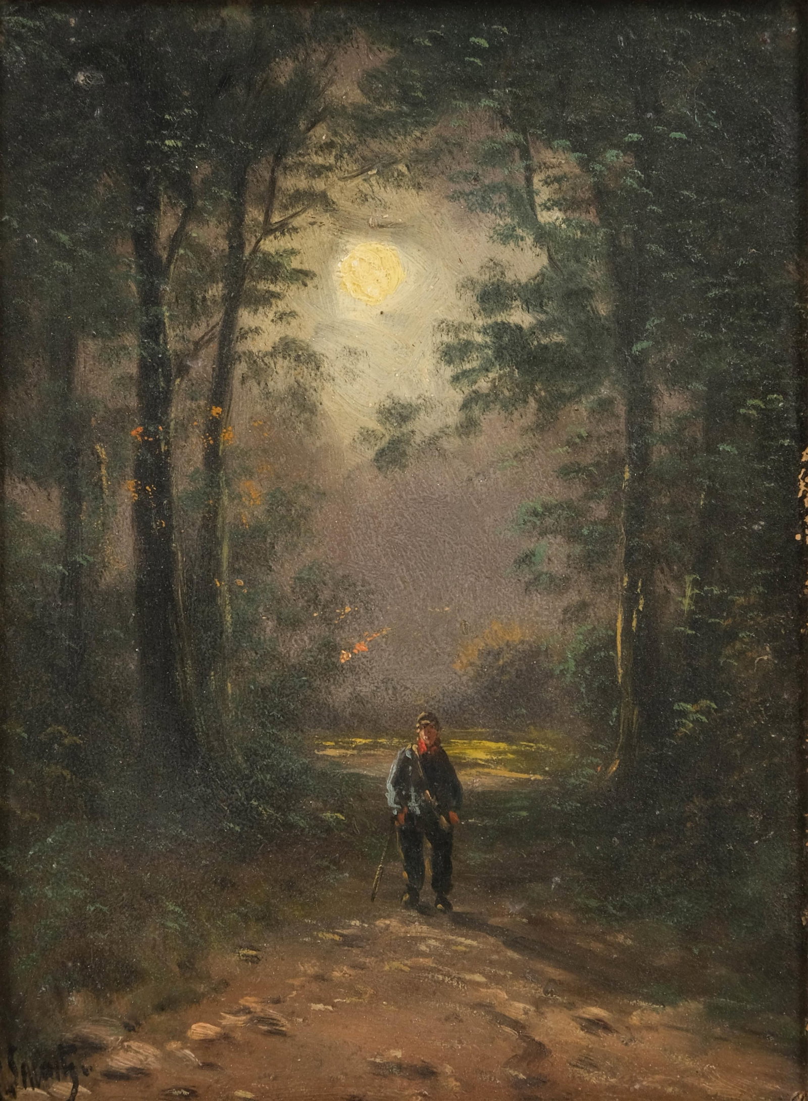 Mystery Artist: 19th-Century French School, Signed Oil on Cardboard Painting, Moonlight Walker (1 of 12)