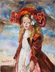 Roxana Gabi, Titled 'The Red Hat', Watercolor Painting of a Young Woman