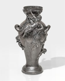 Orivit Wmf Jugendstil, Silver Plate Pewter Vase with Putti and Nymph