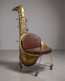 Alain Aparicio Saxophone Chair in Brass, Steel & Leather, Late 20th C
