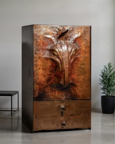 Alain Aparicio Hammered Copper Sculpted Unicorn Cabinet, Late 20th Century