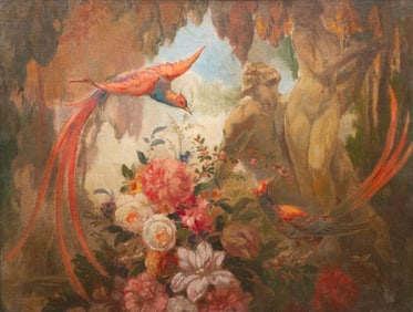 Art Deco Oil Painting Birds & Figures in Stylized Landscape, Circa 1925