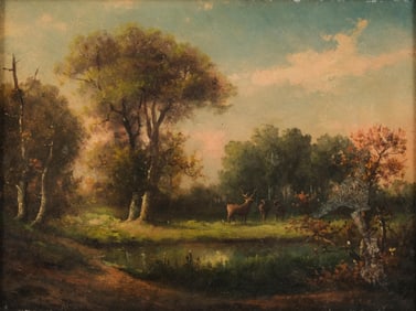 French School, Circa 1900, Deer and Does in a Woodland Clearing, Oil on Canvas Painting
