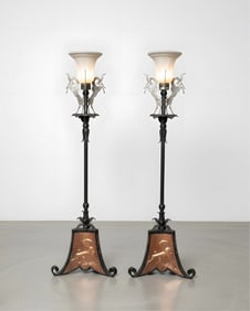 Wilhelm Hunt Diederich Rare Pair of Hand Wrought Iron Torchiere Floor Lamps