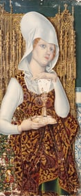 Renaissance Revival Oil on Panel Painting, Woman in Gothic Interior with Chalice