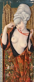 Oil on Panel Painting, Woman in Front of Gothic Architecture, 20th Century