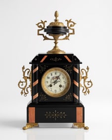 L. P. Japy Signed Bronze Clock and Marble with Pendulum and Key, 1878