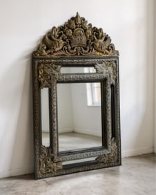 Repoussé Copper Mirror with Winged Griffins and Flower Basket, Louis Xiv Style, Early 19th Century