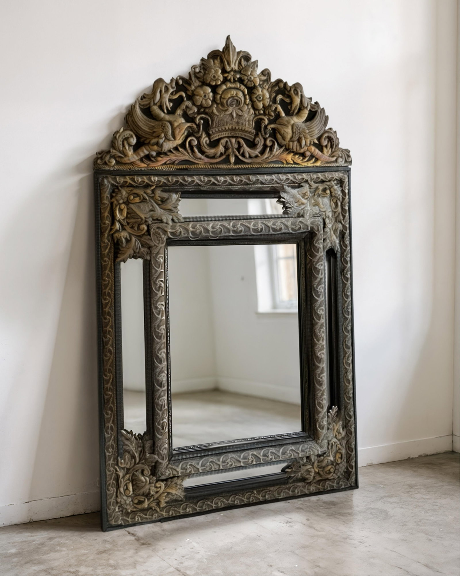Repoussé Copper Mirror with Winged Griffins and Flower Basket, Louis Xiv Style, Early 19th Century (1 of 17)