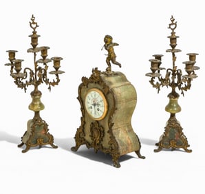 19th-Century French Rocaille Gilt Bronze and Green Onyx Clock Garniture
