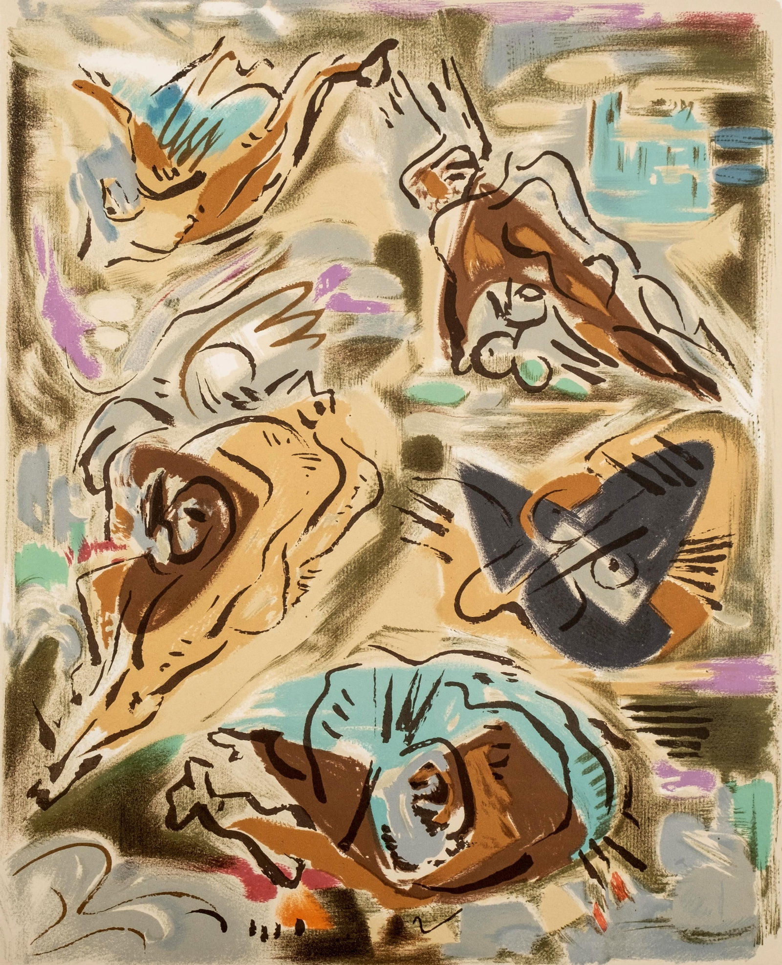 Andre Masson, Signed, Untitled VII, Limited Edition Color Lithograph, 1985: Keywords: Surrealism, abstract expressionism, André Masson style, Joan Miró style, Paul Klee style, lithograph on paper, 20th century, printmaking, abstract surrealismAndré Masson, Signed, Untitled