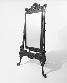 Ebonized Japonism Cheval 70" Mirror with Carved Ornamentation 19th Century