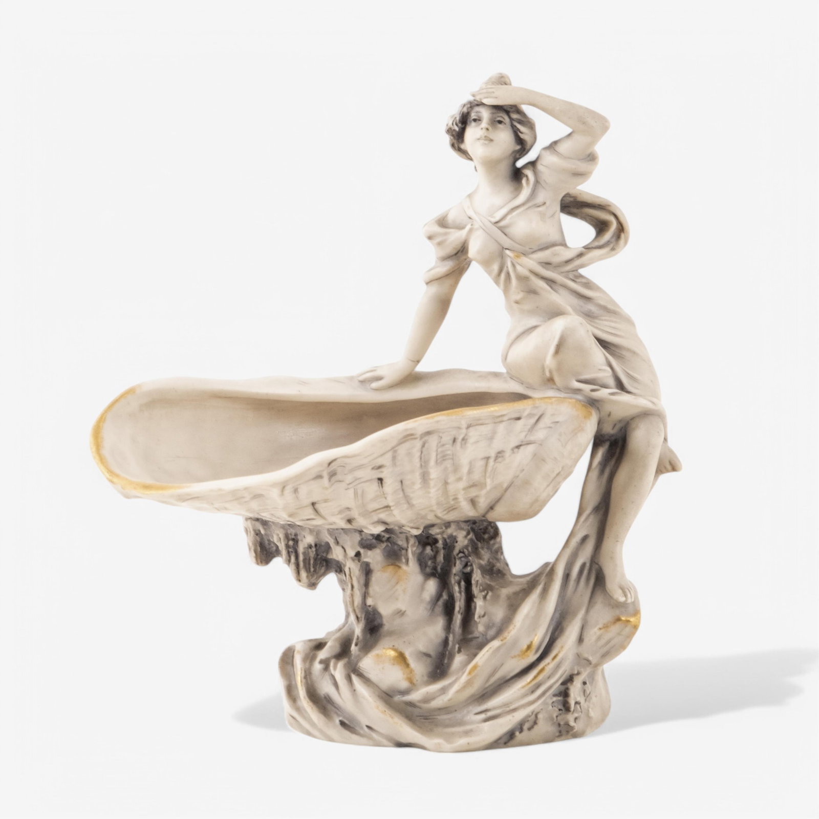 Art Nouveau Royal Dux Porcelain Tazza, Early 20th Century: Keywords: Alphonse Mucha, Gustav Gurschner, Vienna Secession, Royal Dux Bohemia, porcelain figurine, female sculpture, decorative porcelain, ceramics, antique figurine, Czech porcelain, ornate design,