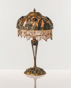 Signed Leleu Art Nouveau Bronze Lamp with Glass Cabochons, Circa 1915