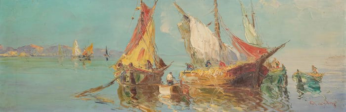 Signed Oil on Cardboard, “Fishermen at Sea" Painting