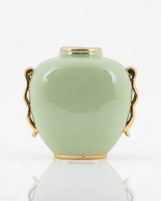 Boch Frères La Louvière Art Nouveau Green Vase with Gilt Accents and Sculpted Handles