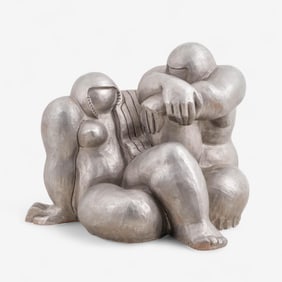 Henry Fussli, the Two Friends, Silver-Patinated Terracotta Sculpture, Signed