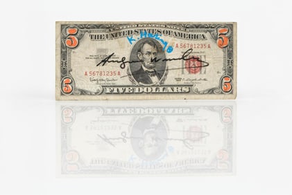 Andy Warhol & Keith Haring, Signed 5 Dollar Bill with Estate and Artist Stamps