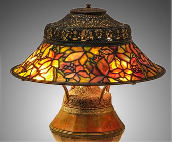 Rare Triple Signed Tiffany Studios “Woodbine” Bronze & Art Glass Lamp