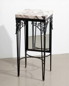 Edgar Brandt Style Art Nouveau Deco Marble Top Wrought Iron Stand, Circa 1925