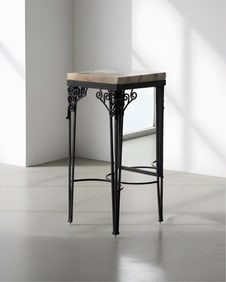 Edgar Brandt Style Art Nouveau Deco Marble Top Wrought Iron Stand, Circa 1925