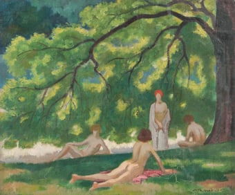 Auguste Roubille Impressionist Oil Painting of Bathers, Circa 1920