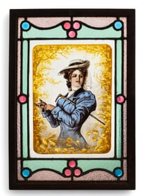 Antique Stained Glass Circa Young Woman with Riding Crop c.1900