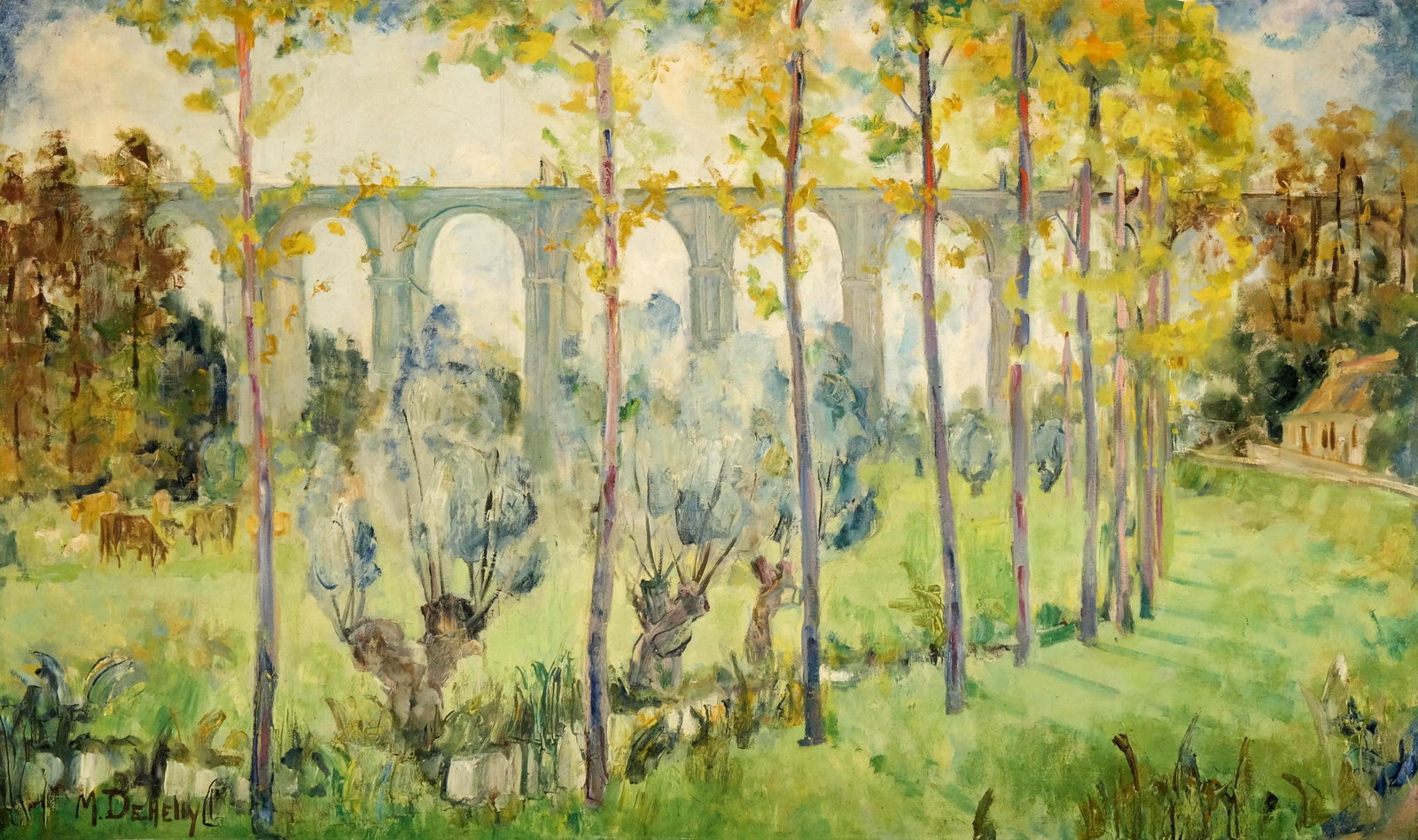 Dehelly Signed French Landscape Oil on Canvas Painting, 20th Century: Keywords: impressionist oil painting, European scenery, architecture, landscape, vintage French art, plein airDehelly signed oil on canvas painting depicting an aqueduct framed by tall trees in a lush