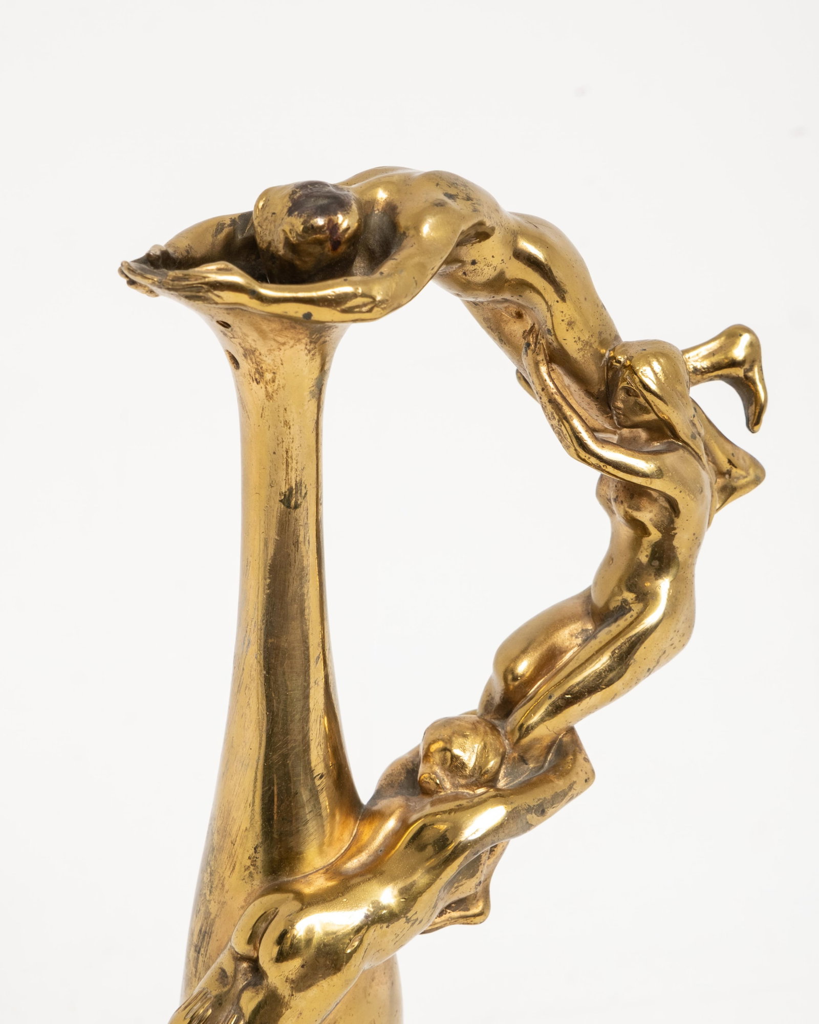 Alexandre Vibert Signed Gilded Bronze Art Nouveau Sculptural Vase, 19th Century: Keywords: Alexandre Vibert, Art Nouveau sculpted vase in gilded bronze, ornamental vase, stylized women, decorative arts, French sculpture, long neck vase, Paris Salons, 19th centuryArt Nouveau gilded