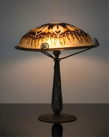 Charles Schneider, Art Nouveau Deco Table Lamp Signed Cameo Glass and Wrought Iron C. 1925