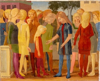Pierre Georgeot Signed Characters Oil on Panel Painting, Circa 1970s
