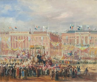 Mystery Artist: Signed French School “Opening Parade at Nice Carnival," Oil on Canvas, Early