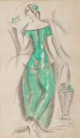 René Buthaud Art Deco Gouache & Pencil on Paper Painting, Signed, 1924