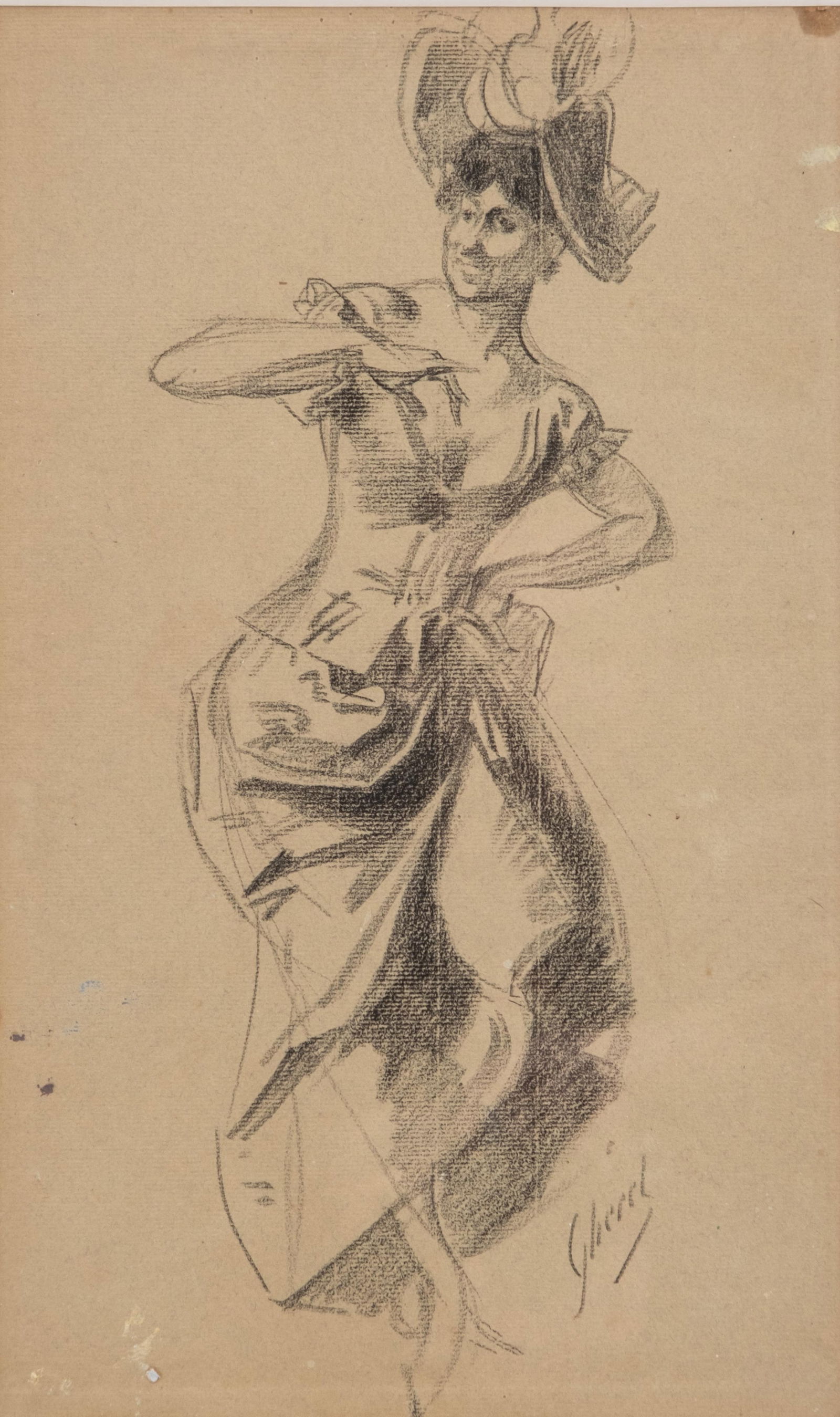 Jules Chéret Original Signed 'Cabaret Dancer' Pastel Painting on Paper Drawing, Circa 1900: Keywords: Belle Époque Art, French Art Nouveau, Charcoal on Paper, Female Performer, Early 20th Century, Parisian Cabaret, Performing Arts, Vintage French Sketch, Impressionist Influence, Fashion Ill