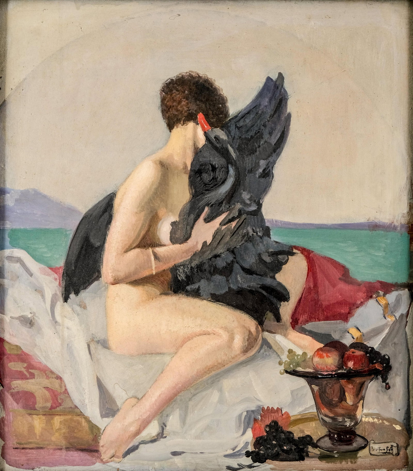 Albert Braïtou-Sala (1885–1972), Leda and the Swan, Signed Oil on Panel Painting: Keywords: Leda and the Swan, mythological painting, French modernism, 20th century art, oil on panel, black swan, neoclassical nude, signed artwork, Greek mythology Albert Braïtou-Sala (1885–1972),