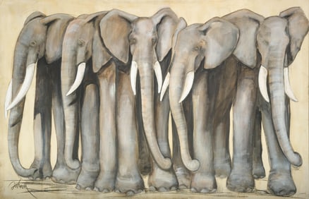 Etiennette Johan Signed “The Elephants," Monumental Mixed Media on Canvas Painting