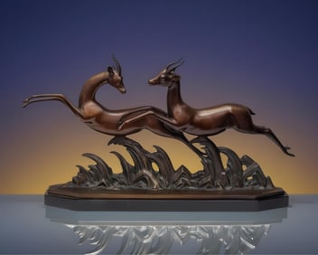 Lucien Alliot, Art Deco Bronze Leaping Antelopes on Granite Base, Signed with Foundry Mark