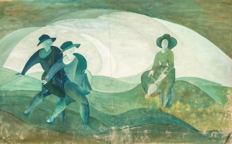 Modernist Green-Toned Oil Painting with Stylized Figures, Circa 1940