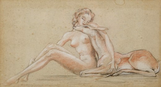 Pierre De La Paneterie Signed Art Deco Charcoal and Chalk Drawing, 1937
