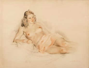 Jean Dulac Signed Art Deco, Sanguine, Chalk, and Charcoal Drawing