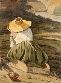 Paul Guigou, 1860 Oil on Canvas Painting, the Washerwoman, Signed