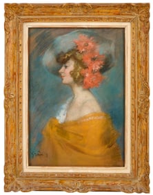 Helene Grün, Signed Art Nouveau Pastel Portrait on Cardboard Painting, Mounted on Canvas