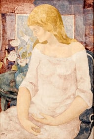 Jacques Boeri, 1967 Signed Oil on Canvas Painting, Woman with White Roses