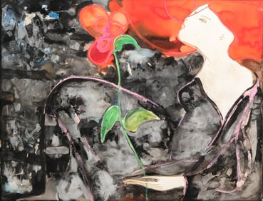 Linda Le Kinff Signed Gouache and Watercolor Painting, “Woman with Red Flower