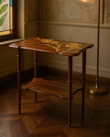 Gallé Signed Art Nouveau Inlaid Floral Marquetry Tea Table, Early 20th Century