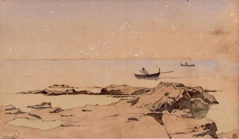 Victor Edmond Joinville Signed Seascape Pen and Ink Painting with Fishing Boats