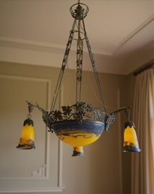 Muller Freres Lamp Art Nouveau Signed Art Glass and Wrought Iron Chandelier