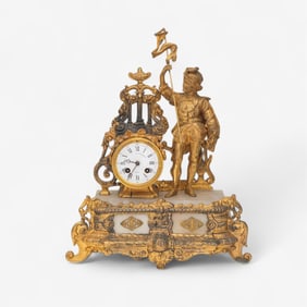 French 19th C. Alabaster and Gilt Metal Clock, Marked “Courtellemont Melun